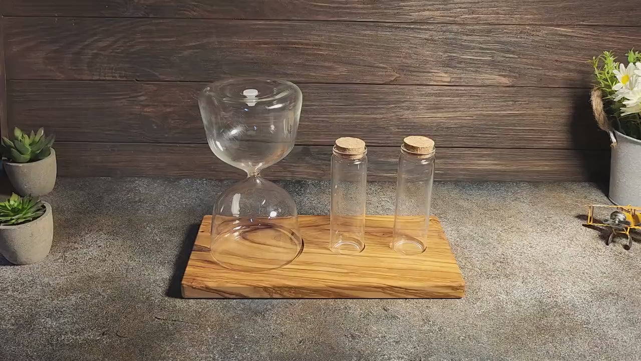 Rustic Wedding Unity Sand Set – Personalized Olive Wood Base, Hourglass & Vases