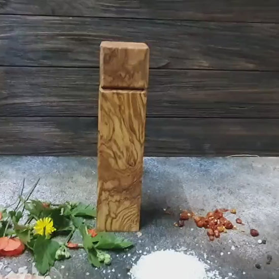 Personalized Olive Wood Pepper Mill, Engraved Salt or Spice Grinder, Rustic Kitchen Gift for Him, Handmade Cooking Gift