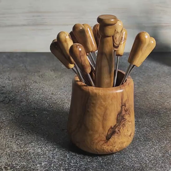 Olive Wood Skewer Holder with Mini Cocktail Skewers with 12 skewers, Wedding Appetizers