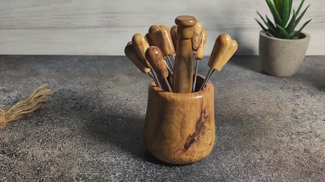 Olive Wood Skewer Holder with Mini Cocktail Skewers with 12 skewers, Wedding Appetizers