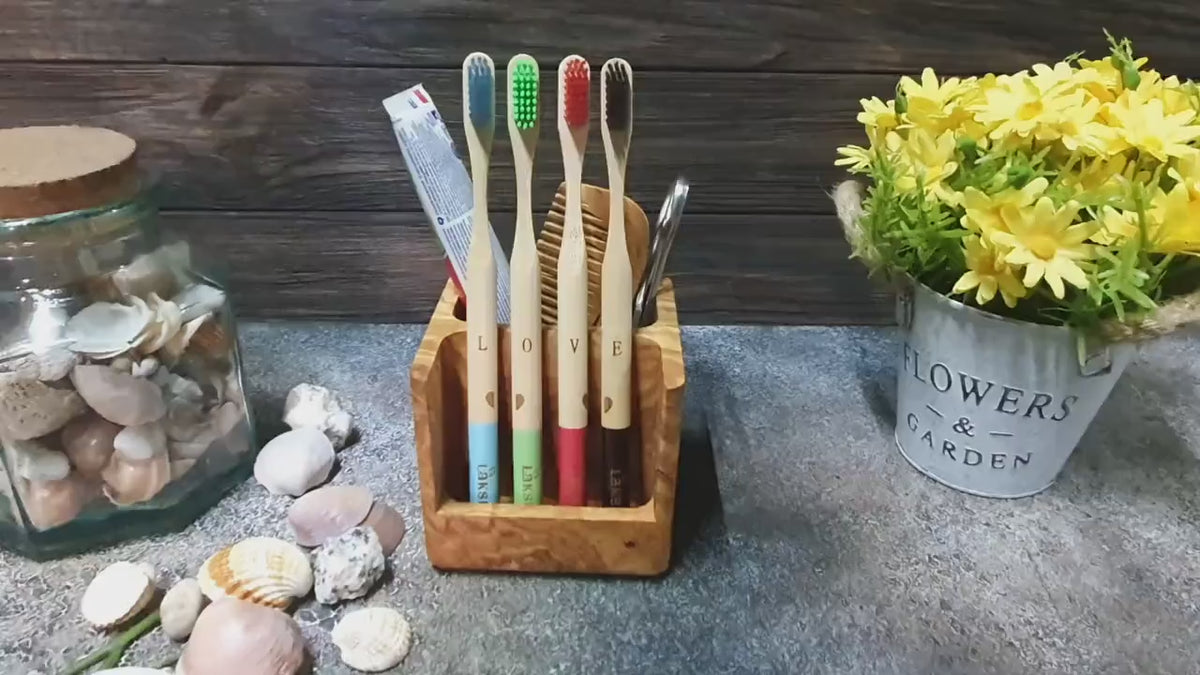 Personalized Olive Wood Toothbrush Holder with Bamboo Toothbrushes
