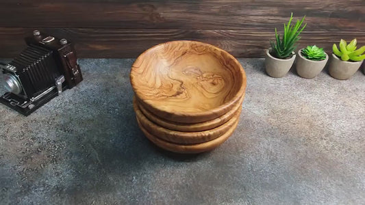 Set of 4 olive wood bowls: small rustic bowls for serving desserts and cereals.