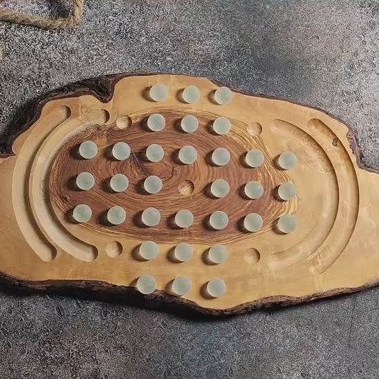 Solitaire Game Board Handmade With a Rustic Board Olive Wood, Custom wooden solitaire game with glass balls