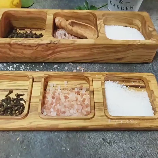 Handmade Olive Wood Salt Box, 3-Compartment Spice Storage