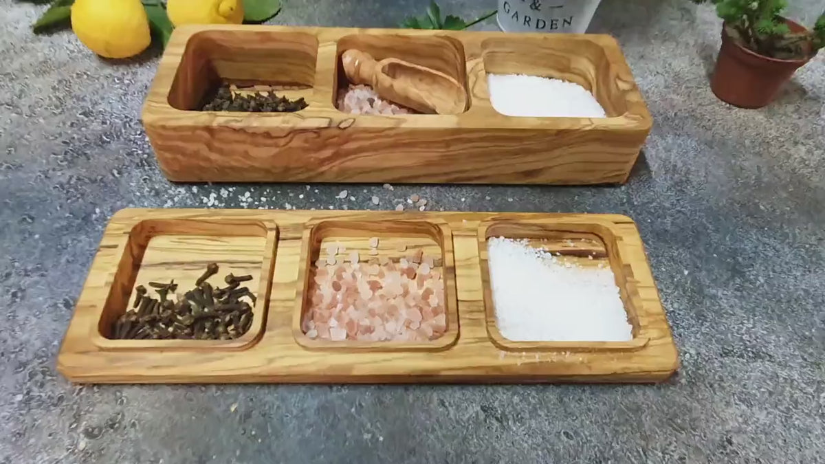 Handmade Olive Wood Salt Box, 3-Compartment Spice Storage