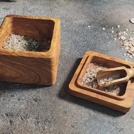 Personalized Handcrafted Olive Wood Salt Cellar with Lid & Spoon – Unique Kitchen Gift