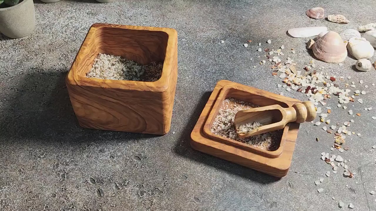 Personalized Handcrafted Olive Wood Salt Cellar with Lid & Spoon – Unique Kitchen Gift