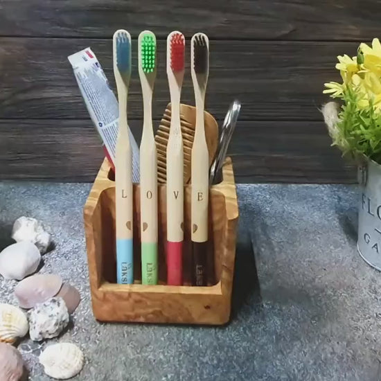 Custom Olive Wood Toothbrush Holder, Family Gift