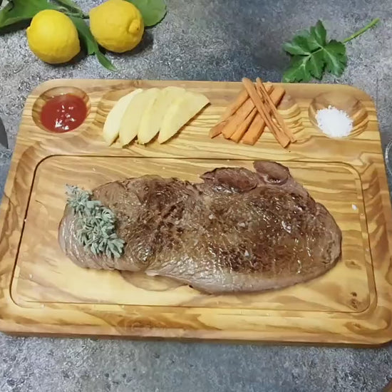 Set of 4 Steak Boards for Meat and Barbecues, Steak Plate set with Juice Channel, Olive Wood Meat Plate, BBQ Meals Serving Board Grill Plate