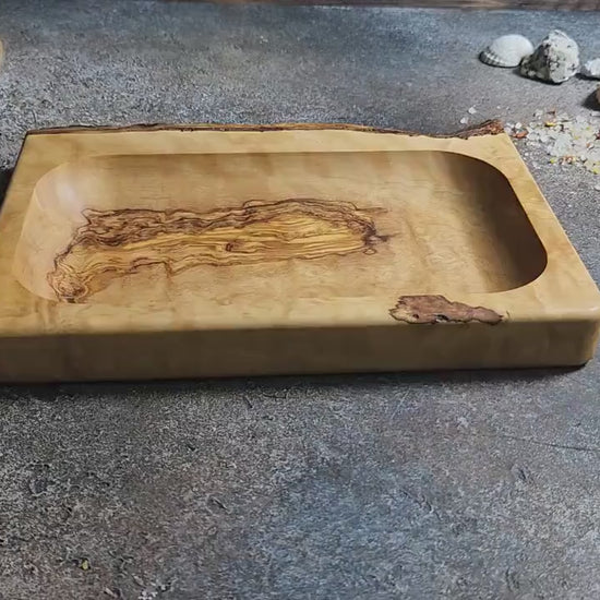 Personalized Olive Wood Serving Tray with Natural Bark Edge: Engraved Rustic Gift