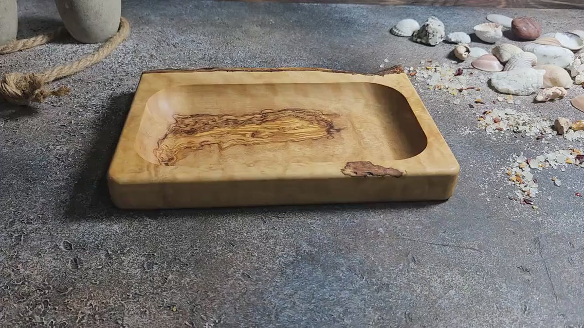 Personalized Olive Wood Serving Tray with Natural Bark Edge: Engraved Rustic Gift