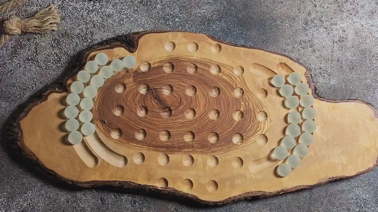 Handmade Olive Wood Solitaire Game with Glass Balls