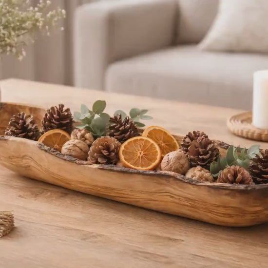 Olive Wood Bread & Fruit Bowl – Long Live Edge Rustic Wooden Centerpiece – Perfect Housewarming or Wedding Gift