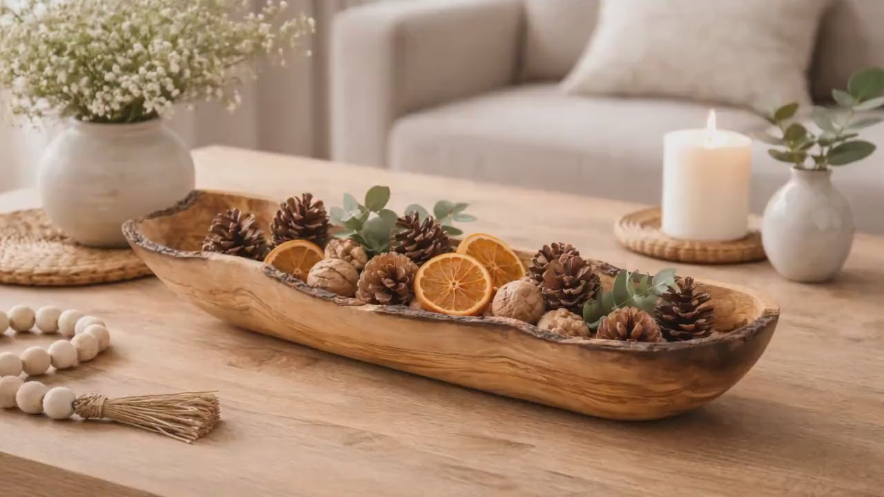 Olive Wood Bread & Fruit Bowl – Long Live Edge Rustic Wooden Centerpiece – Perfect Housewarming or Wedding Gift