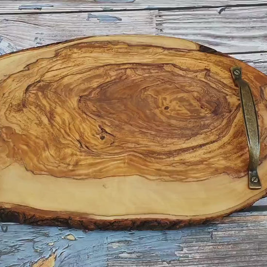 Rustic Olive Wood Charcuterie Board with Metal Handles