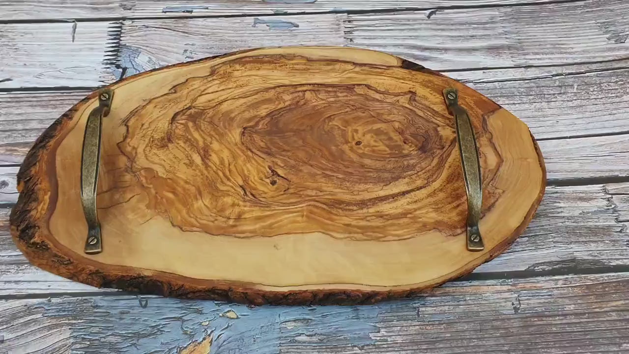 Rustic Olive Wood Charcuterie Board with Metal Handles