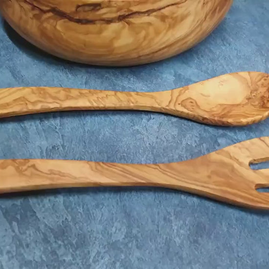 Handcrafted Olive Wood Salad Bowl Set with Spoon and Fork