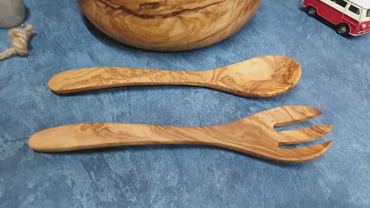 Handcrafted Olive Wood Salad Bowl Set with Spoon and Fork