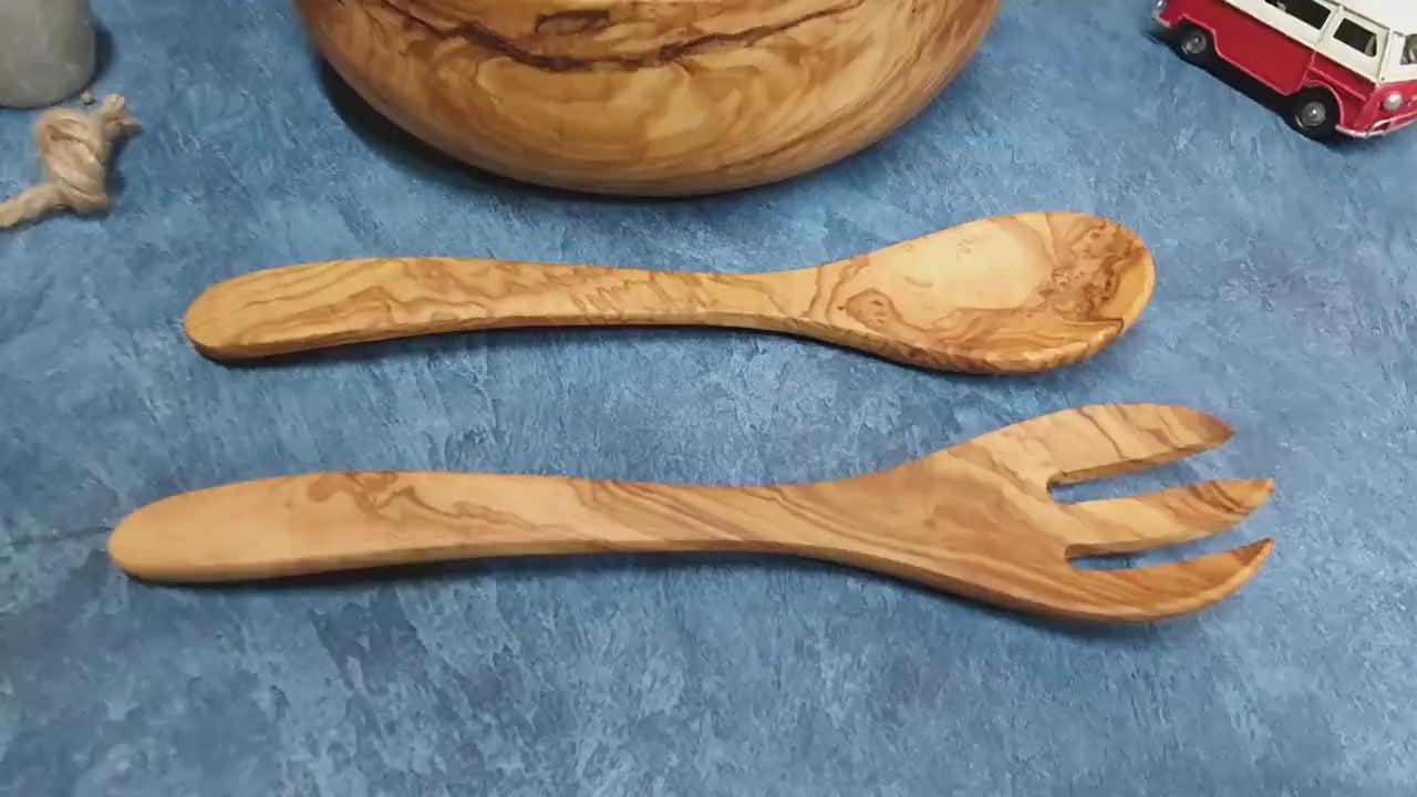 Handcrafted Olive Wood Salad Bowl Set with Spoon and Fork