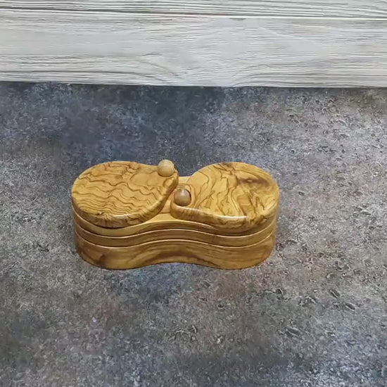 Olive Wood Double Salt Cellar, Sliding Lid Salt Container