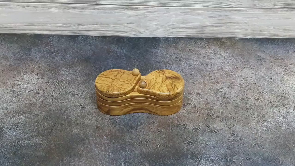 Olive Wood Double Salt Cellar, Sliding Lid Salt Container
