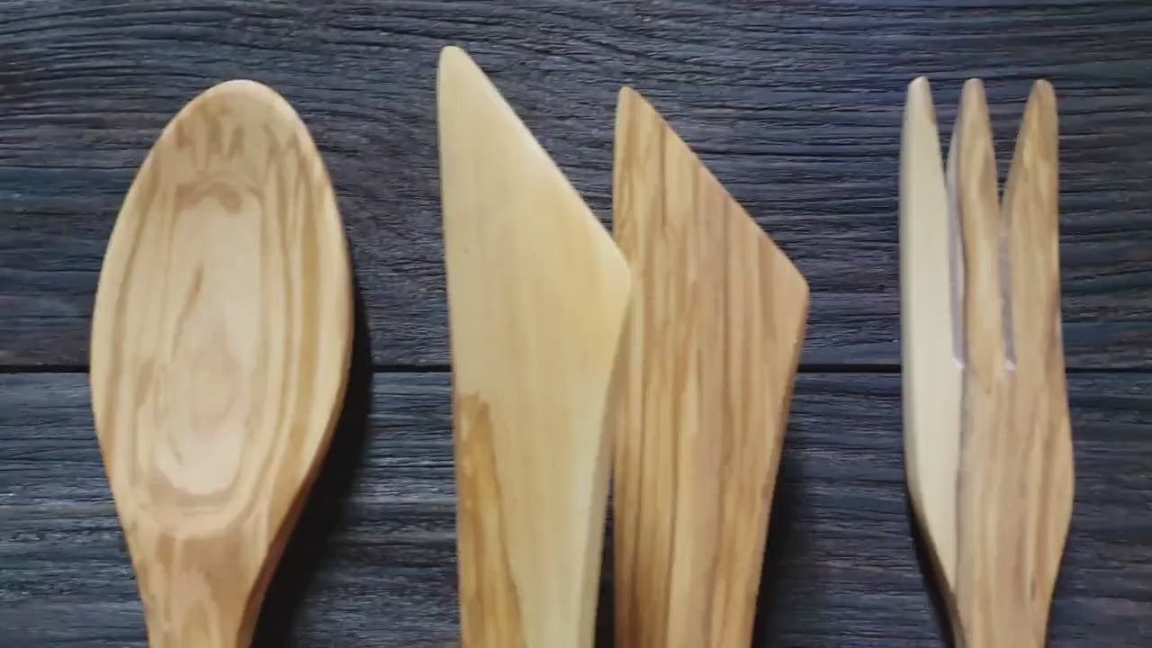 Personalized Olive Wood Kitchen Utensil Set: Handmade Cooking Spoons, Fork, Spatula