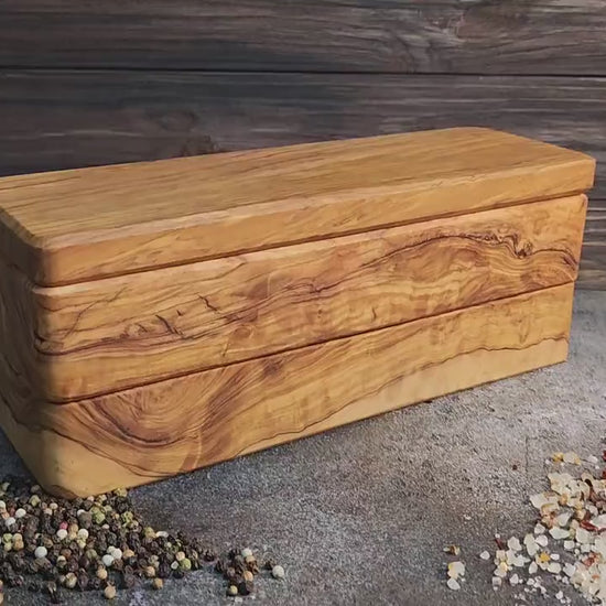Olive Wood Salt Box, 6-Compartment Condiment Server with Lid