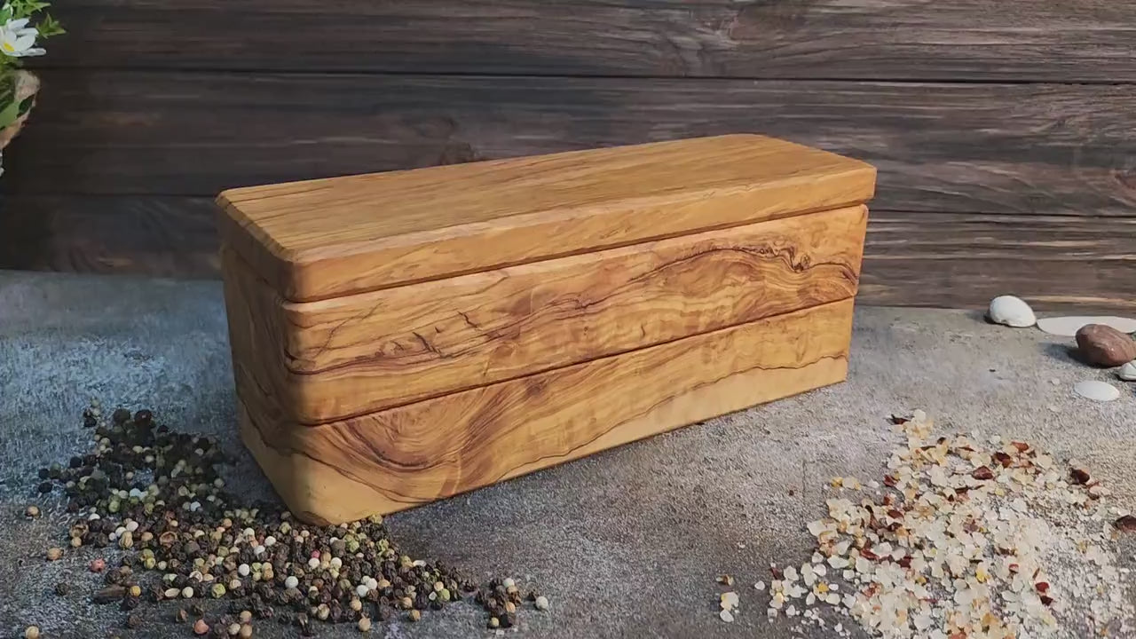 Olive Wood Salt Box, 6-Compartment Condiment Server with Lid