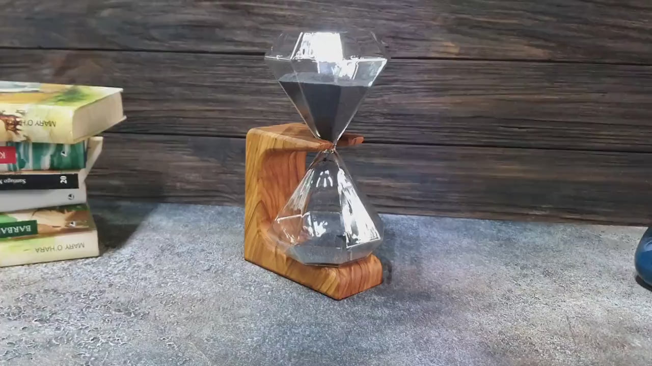 Handmade Olive Wood Stand with Black Sand Hourglass, Customizable 15 Minute Timer
