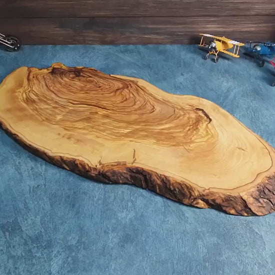 Rustic Olive Wood Cutting Board: Large Kitchen Board with Natural Bark Edge
