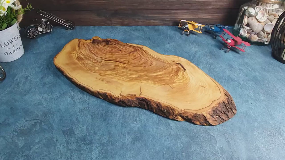 Rustic Olive Wood Cutting Board: Large Kitchen Board with Natural Bark Edge
