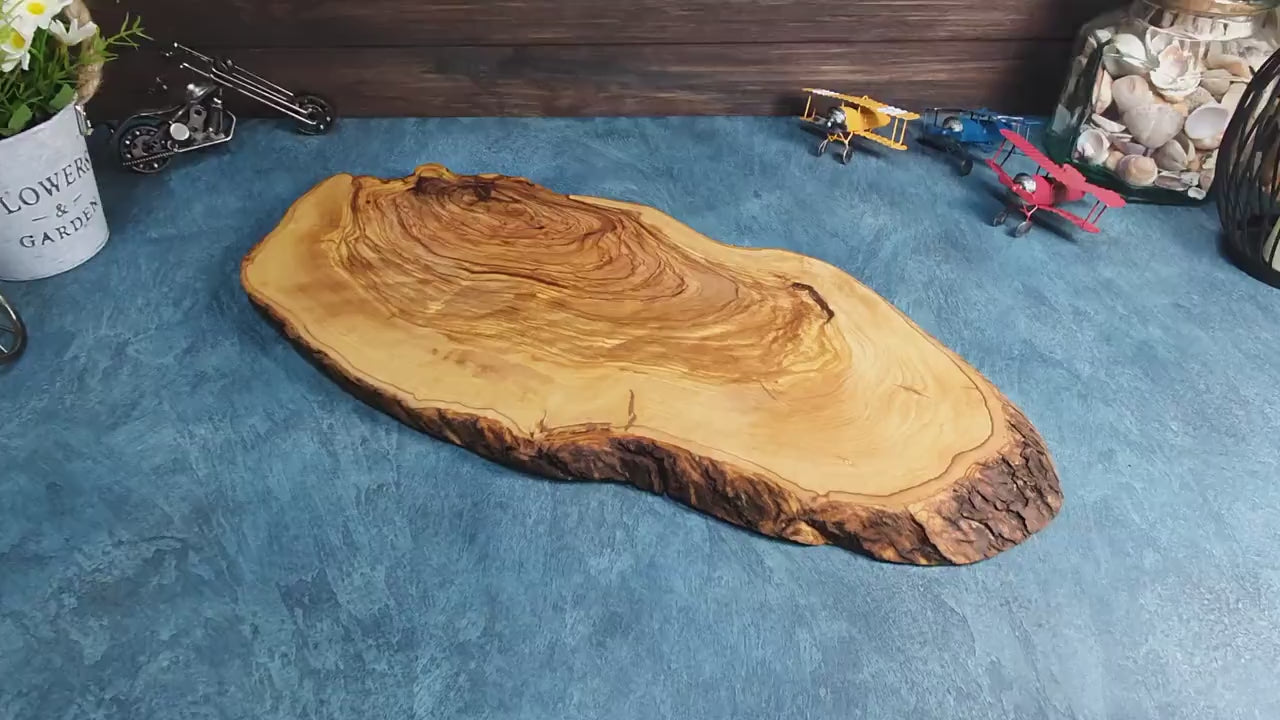 Rustic Olive Wood Cutting Board: Large Kitchen Board with Natural Bark Edge
