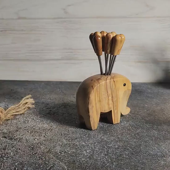 Olive Wood Elephant Skewer Holder: Appetizer Pick Set
