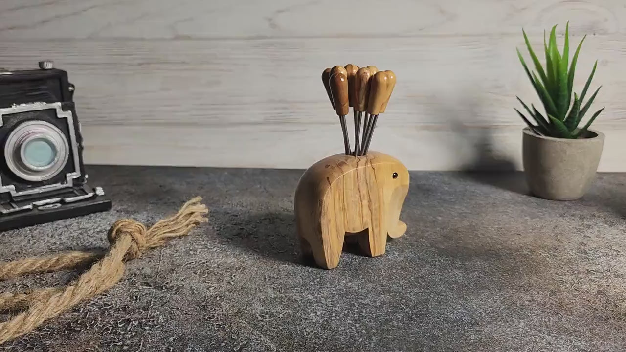 Olive Wood Elephant Skewer Holder: Appetizer Pick Set
