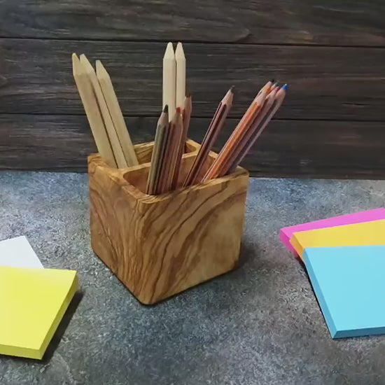 Handmade Olive Wood Square Pencil Holder, Desk Organizer