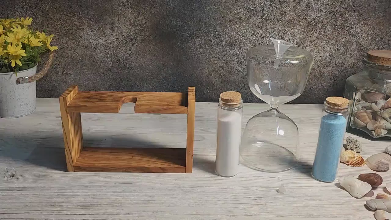 Handmade Olive Wood Hourglass – Refillable Sand Unity Ceremony Vase