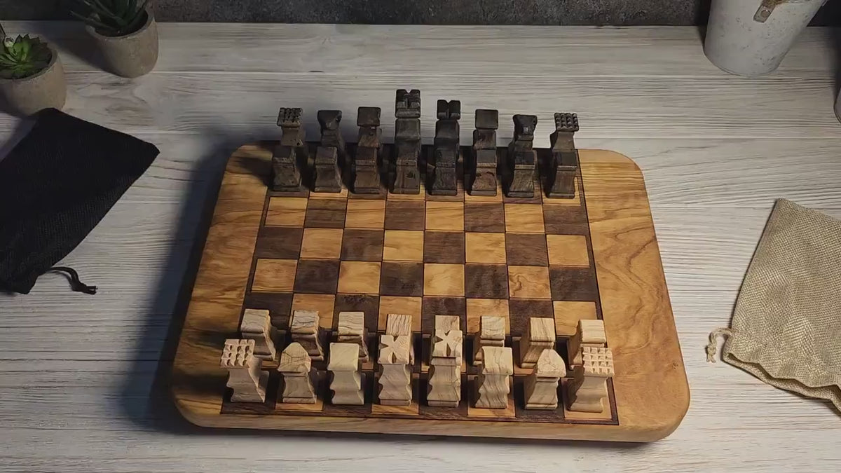 Rustic Olive Wood Chess Set: Handcrafted Game Board & Decor