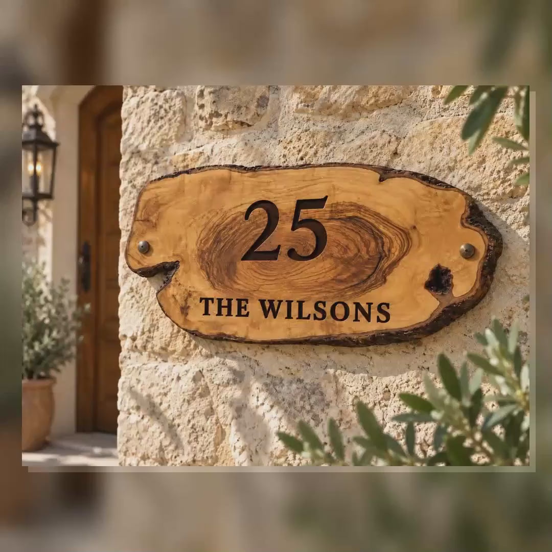Personalized Olive Wood Address Sign, Custom House Number Plaque, Family Name Sign