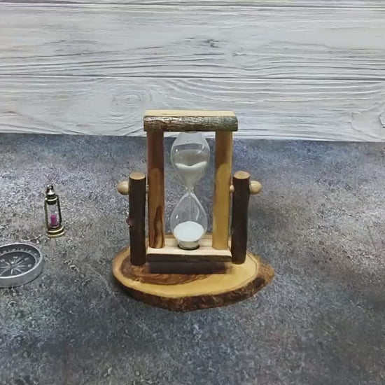 Handmade Olive Wood Hourglass, Rustic 5 Minute Sand Timer