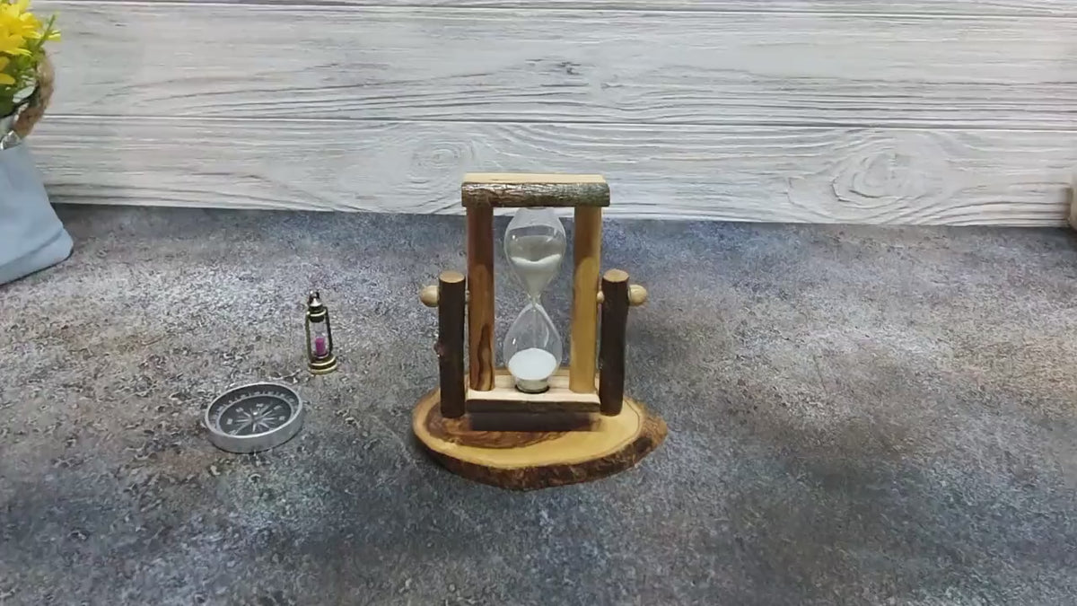 Handmade Olive Wood Hourglass, Rustic 5 Minute Sand Timer