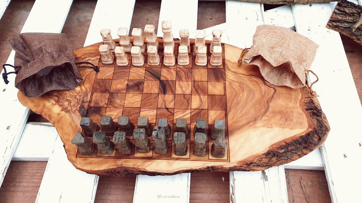 Custom Chess Board Unique of Olive Wood Rustic Chess Set, Medieval style chess Set Live edge for Father's Day Gift, Set Christmas Gift