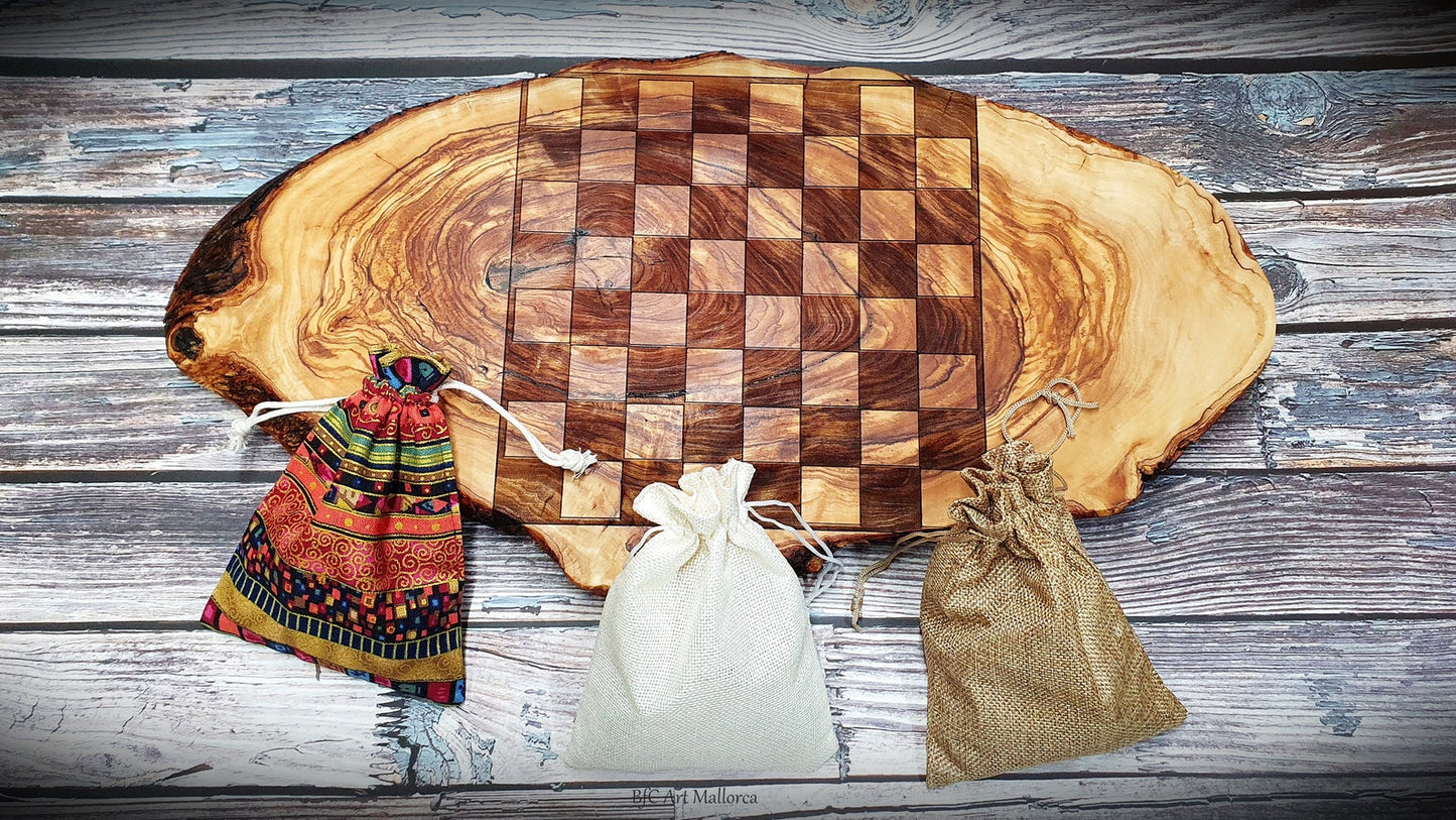 Customizable rustic chess board with chess set and checkers pieces, Handmade from olive wood.