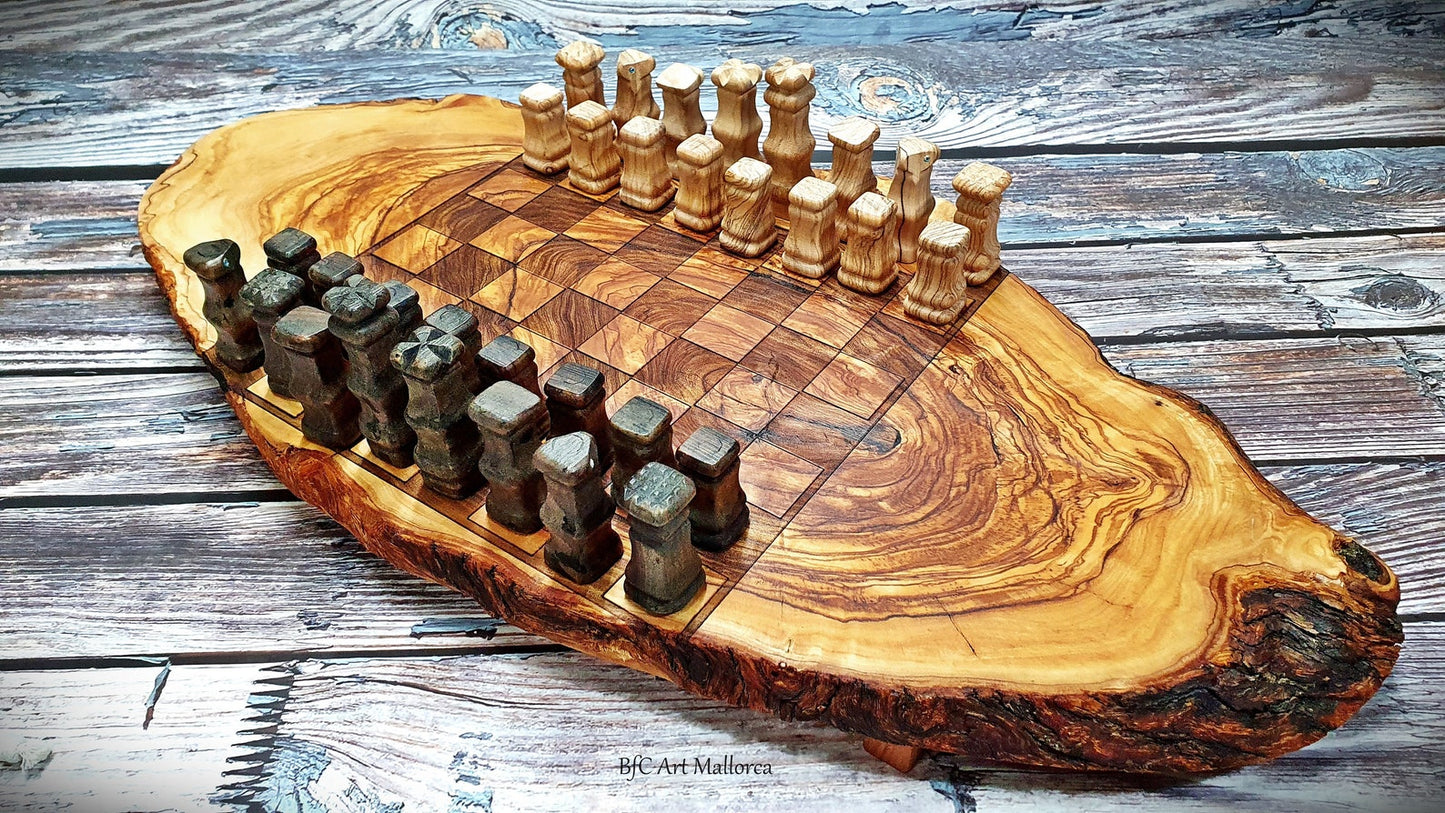Customizable rustic chess board with chess set and checkers pieces, Handmade from olive wood.