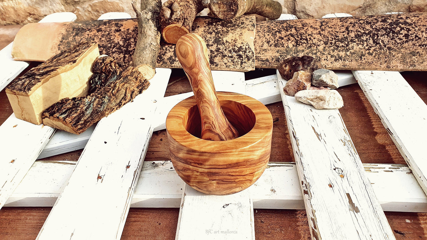 Wooden mortar, Rustic Mortar and Pestle, Handmade Mortar, Mortar and Pestle in olive wood , Craft Mortar, Smooth Modern Shape