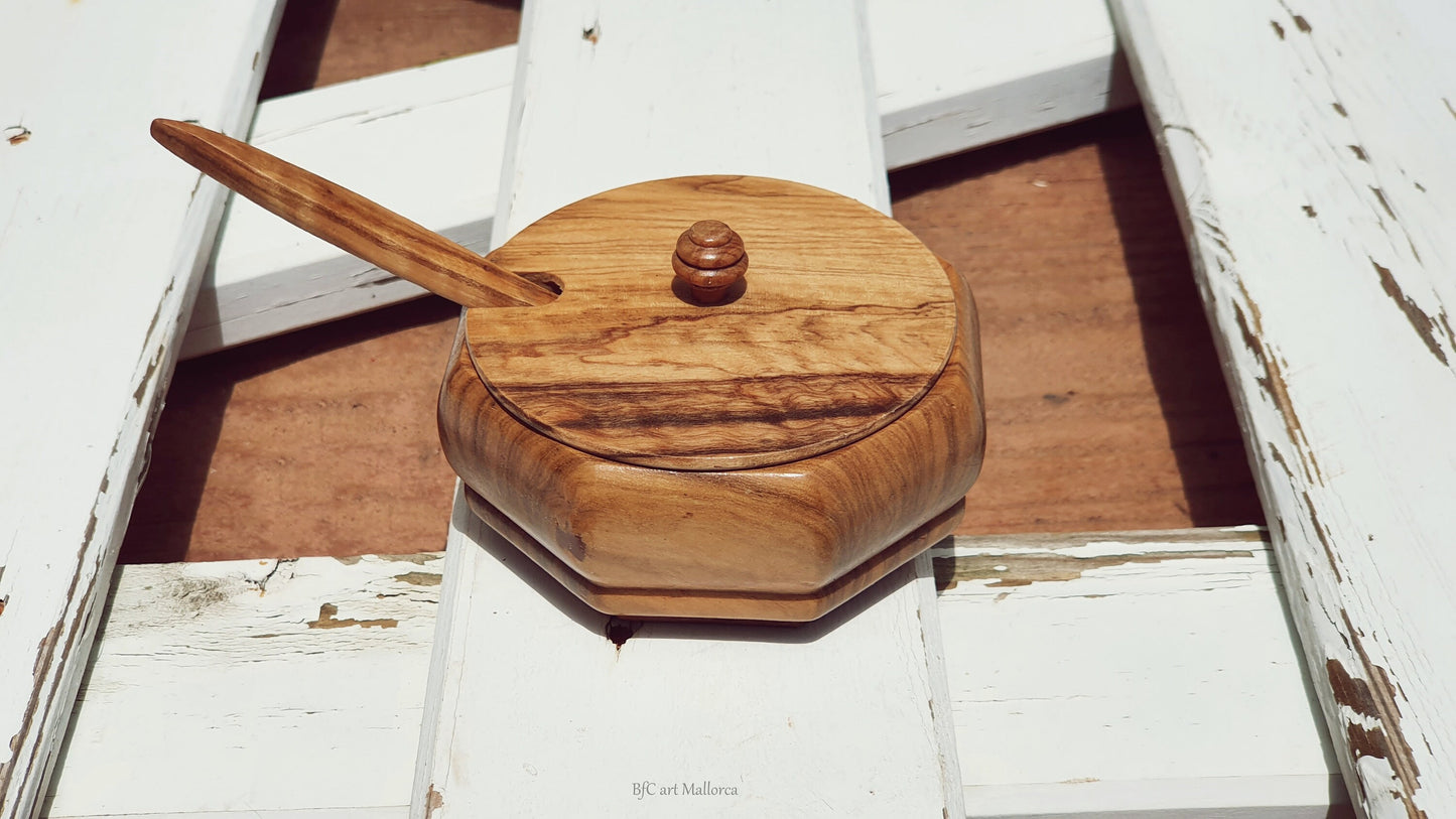 Wooden Sugar Bowl, Vintage Sugar Bowl, Salt Shaker With Spoon, Salt Container, Sugar Pot, Olive Wood Salt Keeper, Wooden Spice Keeper Box
