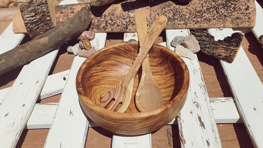 Salad bowl with serving spoons Olive Wood, Set Bowl Handmade with wooden cooking spoon, Table Bowl Vintage Kitchen, Serving Bowl Mid Century