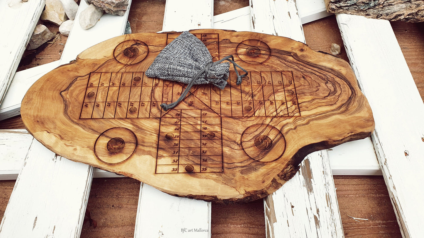 Custom Ludo Rustic Olive Wood Board, Olive Wood Parcheesi of Author Design