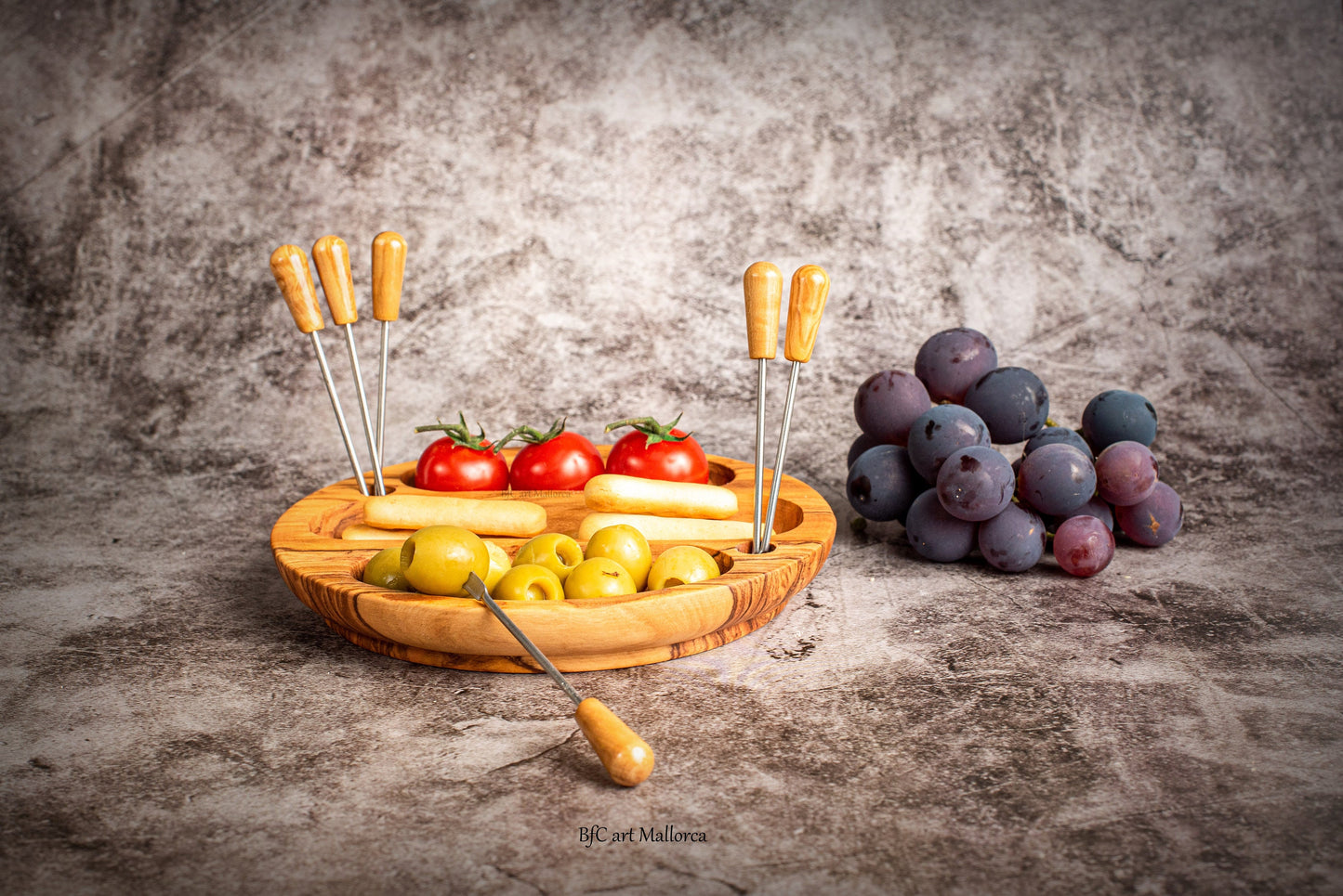 Plate Olive Wood Appetizers 3 departments, Plate With Skewers For Olives and Pipes, Sauce Plate, Seasoning Plate, Olive Wood Plate, Fruit