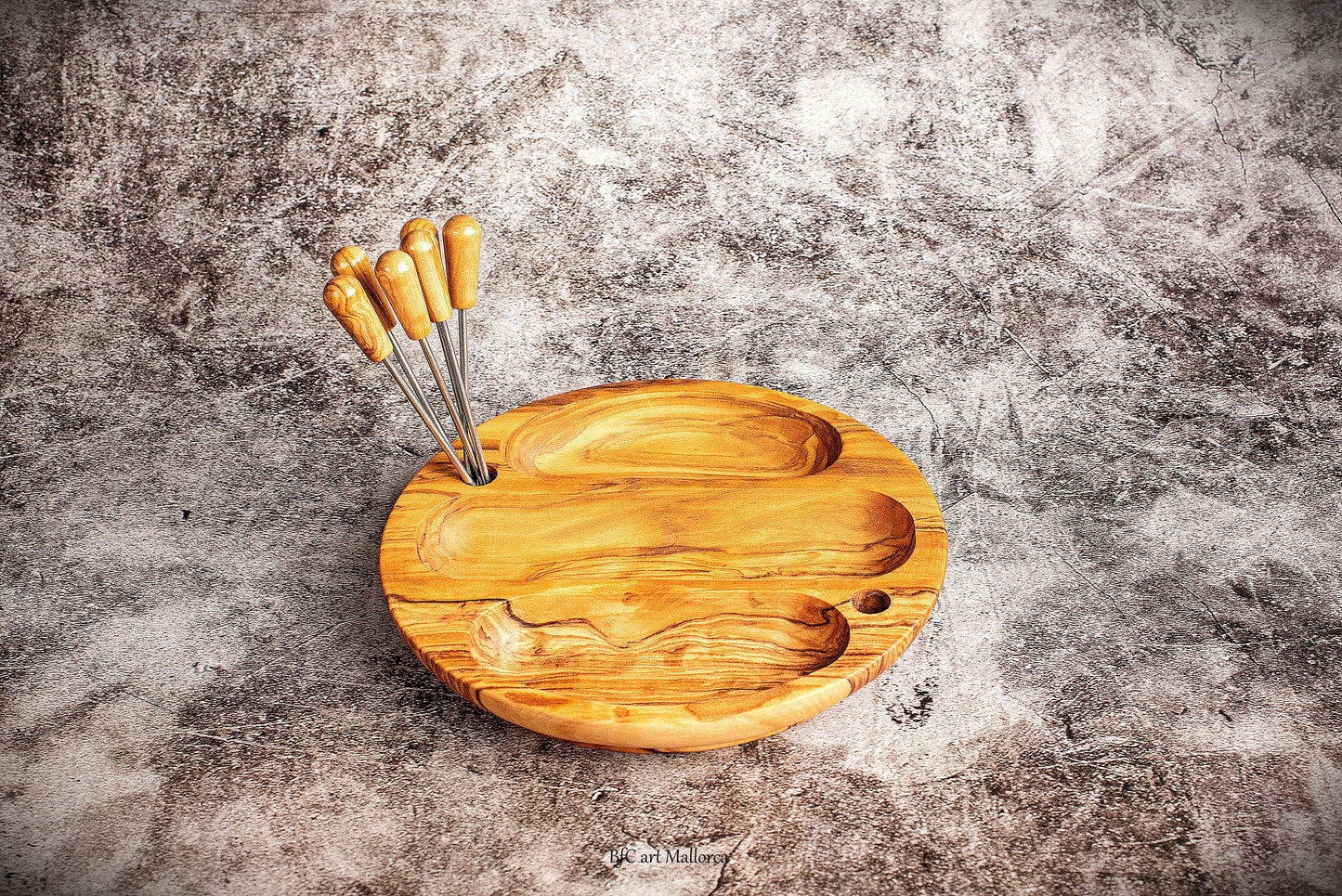 Plate Olive Wood Appetizers 3 departments, Plate With Skewers For Olives and Pipes, Sauce Plate, Seasoning Plate, Olive Wood Plate, Fruit