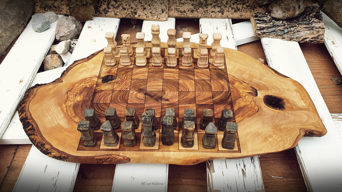 Large Olive Wood Chess Board, Rustic Chess Board Set, The Queens Gambit Chess, Unique handcrafted chess Vintage, Christmas Gift father